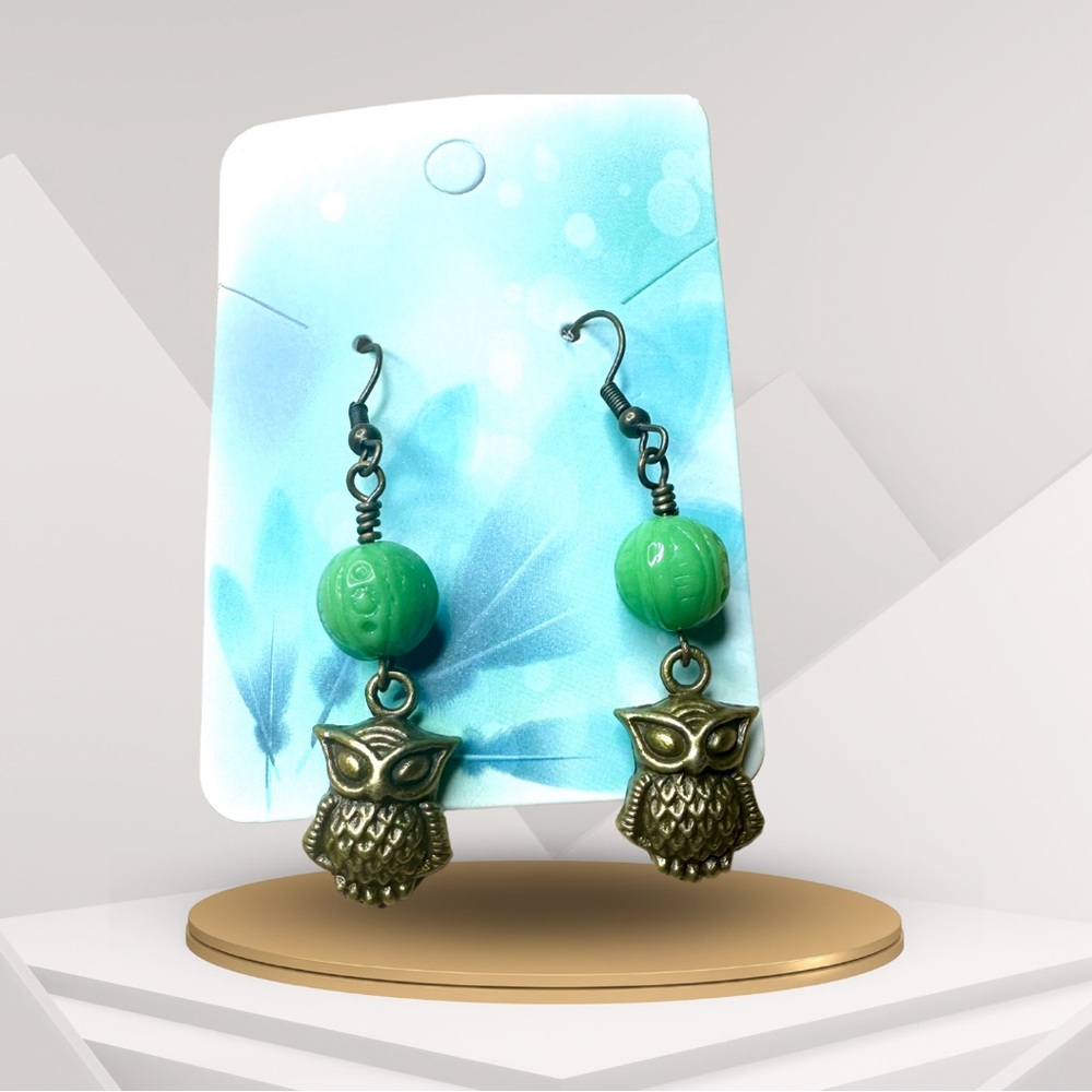 Hand crafted Antique Gold Owl Charm Earrings with Green Czech Glass Beads